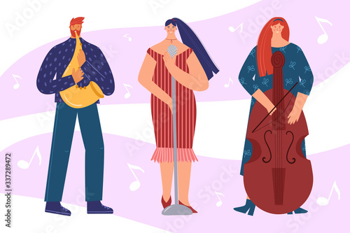 Jazz performers. Vector illustration of a singer, double bass player, saxophonist. A man and a woman play musical instruments.