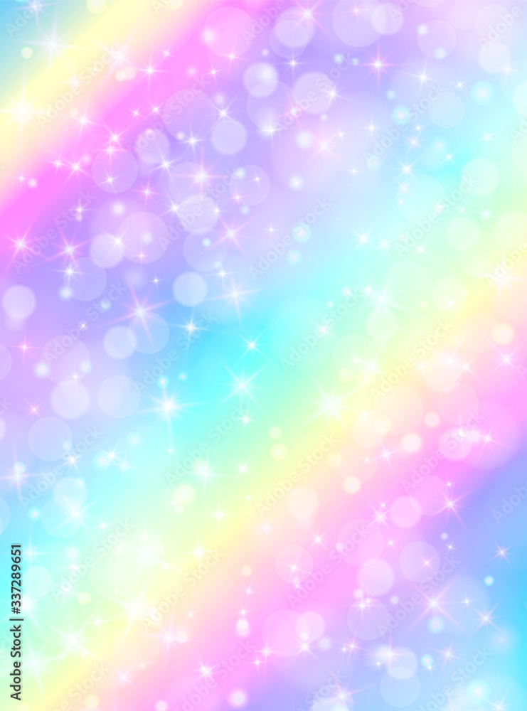 Fototapeta Ilustracja wektorowa holograficzna w pastelowym kolorze. Galaxy fantasy tło. Pastelowe niebo z tęczą dla jednorożca. Chmury i niebo z bokeh. Ładny jasny wzór na cukierki.