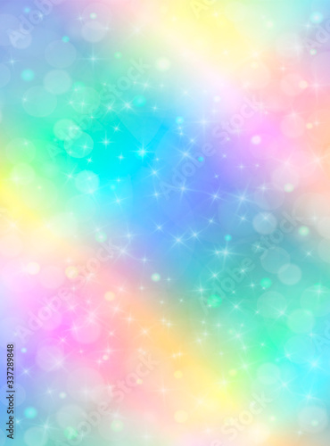 Holographic vector illustration in pastel color. Galaxy fantasy background. The Pastel sky with rainbow for unicorn. Clouds and sky with bokeh. Cute bright pattern for candy.