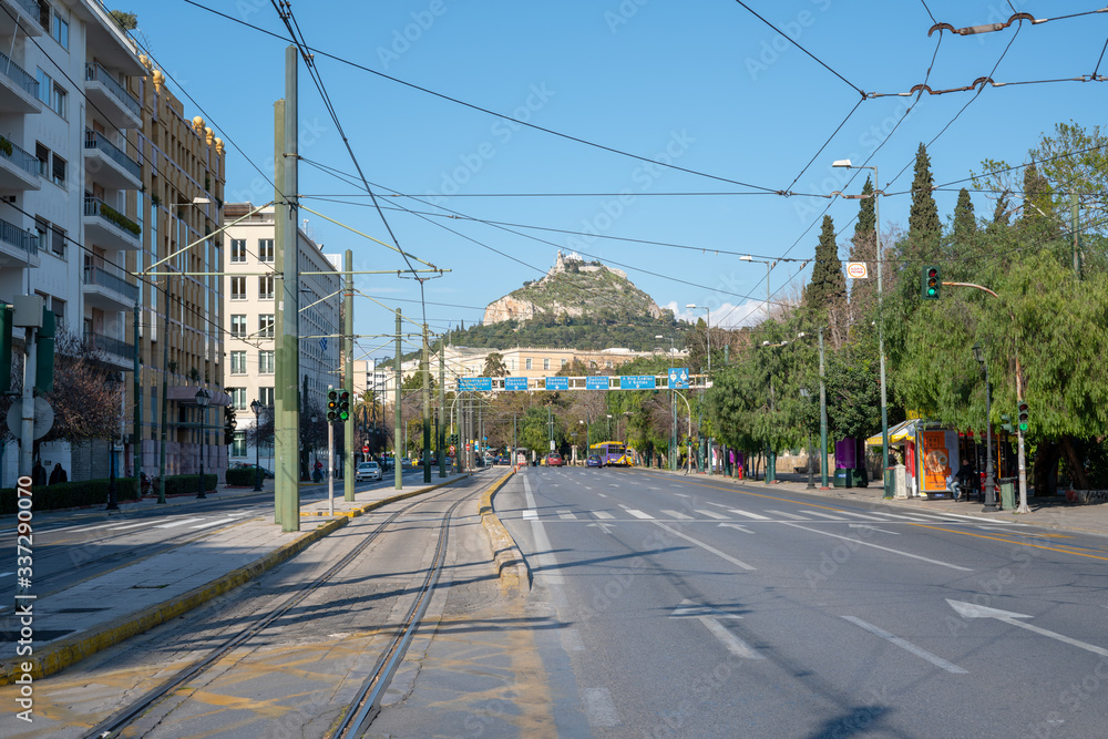 Athens,Downtown/Greece - 03/25/2020 : Empty Athens due to Covid-19 restrictions.City center without people