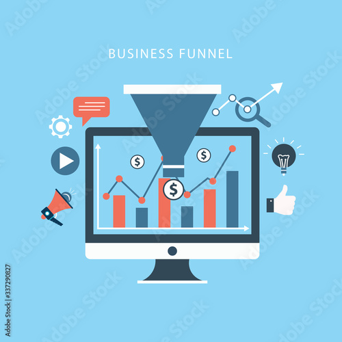 Business funnel conversion marketing digital sales funnel flat vector with marketing icons