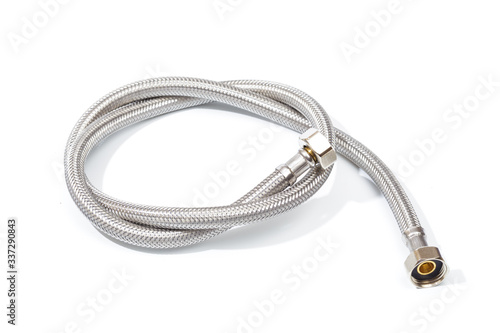 Chrome-plated corrugated hose for water isolated on white - Image