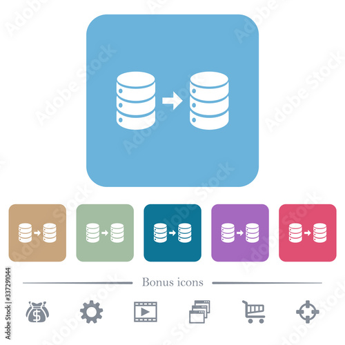 Database mirroring flat icons on color rounded square backgrounds