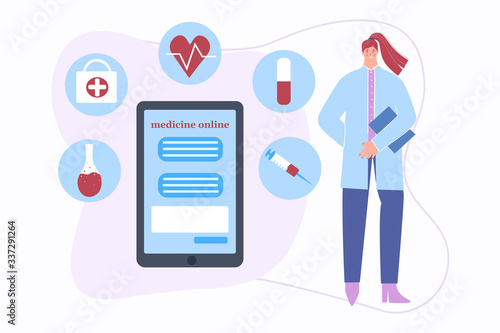 Online medicine concept. A female doctor consults patients online by phone. Vector illustration