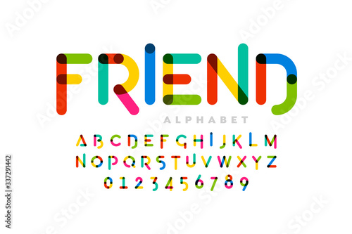 Playful childrens style colorful font design, alphabet letters and numbers