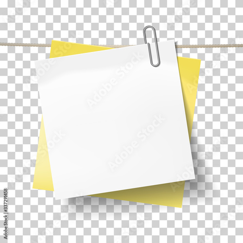 Yellow sticky note and white sheet of paper attached metal paper clip on tape. Template for design. Vector illustration.
