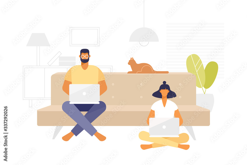 Obraz premium Man and woman working online at home. Comfort workplace at flat. Vector cartoon character - freelancer. Illustration in flat design. Social distancing and self-isolation during coronavirus quarantine