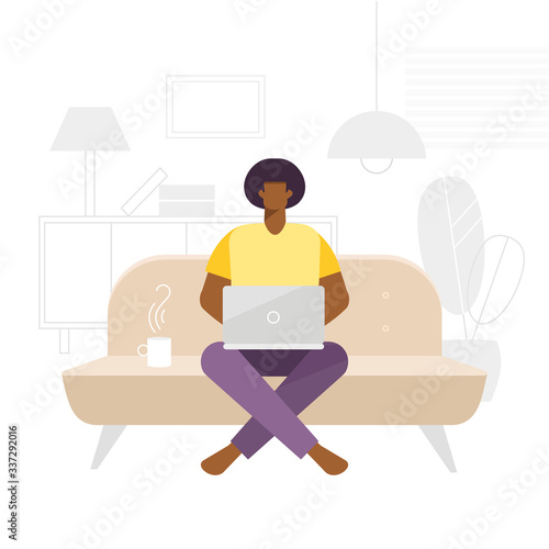 Afro American man working online at home. Workplace at flat. Vector cartoon character - freelancer. Illustration in flat design. Social distancing and self-isolation during coronavirus quarantine