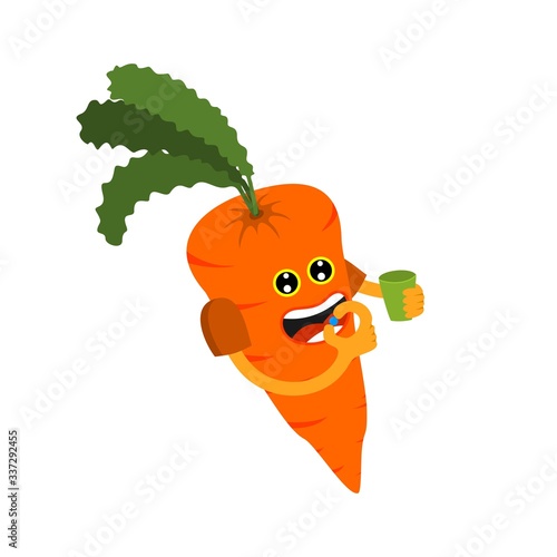 Carrot character consuming vitamin A happily, holding a glass and vitamin capsule on his hand.