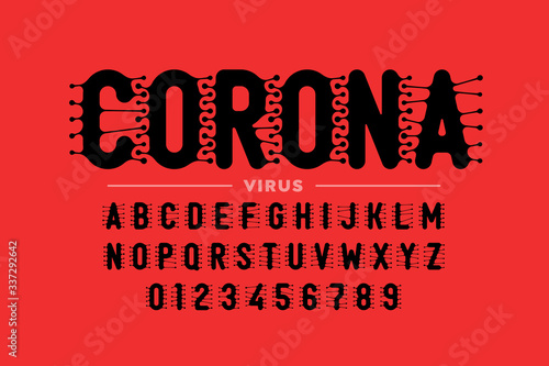 Corona virus infection style font, coronavirus alphabet, capital letters and numbers