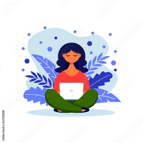 Woman with laptop sitting in nature with crossed legs. Concept illustration for freelancing  studying  online education online shopping  working from home. Vector illustration in flat cartoon style.
