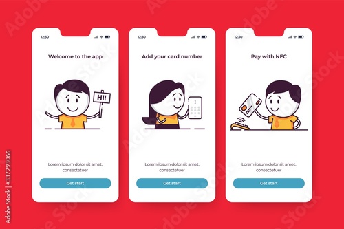 Financial mobile app onboarding screens. Welcome to the App, Add your card number, Pay with NFC. Cute characters to introduce fintech start up key features. Controlling costs and managing finance.