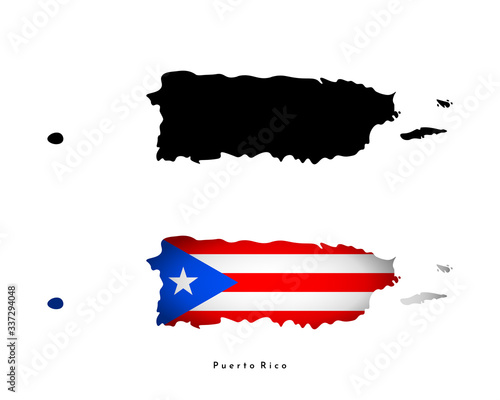 Vector isolated simplified illustration iconы with black silhouette of Puerto Rico (islands) map and map with Puerto-Rican national flag . White background