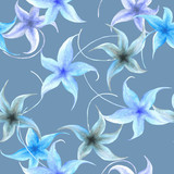 Tender blue flowers on blue background: watercolor seamless pattern, wallpaper print, textile design.