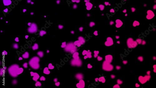 Seamless looping animation of flying red and purple hearts over black background