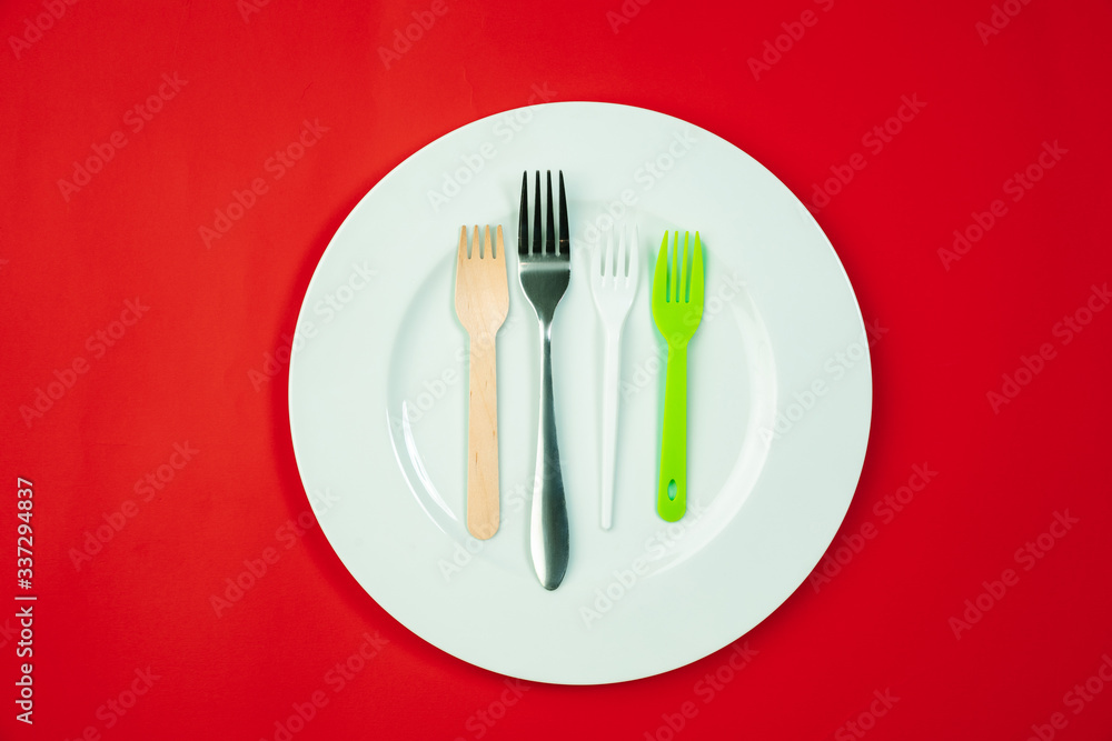 Cutlery and plate. Eco-friendly life - organic made recycle kitchenware in compare with polymers, plastics analogues. Home style, natural products for recycle and not harmful to the environment and