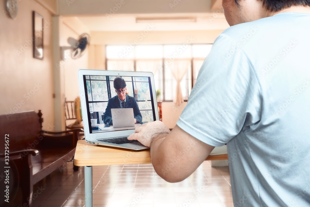 Employees are video calling a meeting with the manager. work from home concept. Employees are video calling a meeting with the manager. work from home concept.