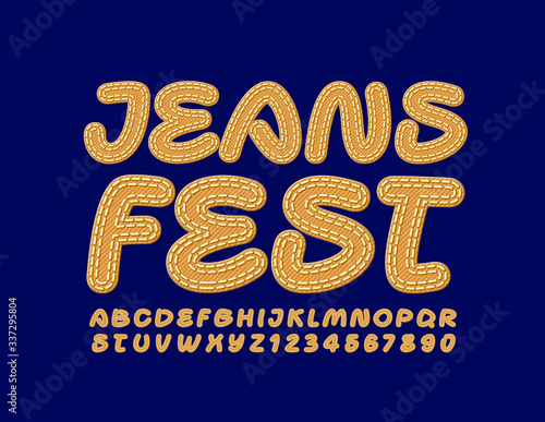 Vector trendy banner Jeans Fest with creative Denim Alphabet Letters and Numbers. Textile texture Font