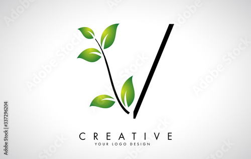 Leaf Letter V Logo Design with Green Leaves on a Branch. Letter V with nature concept.