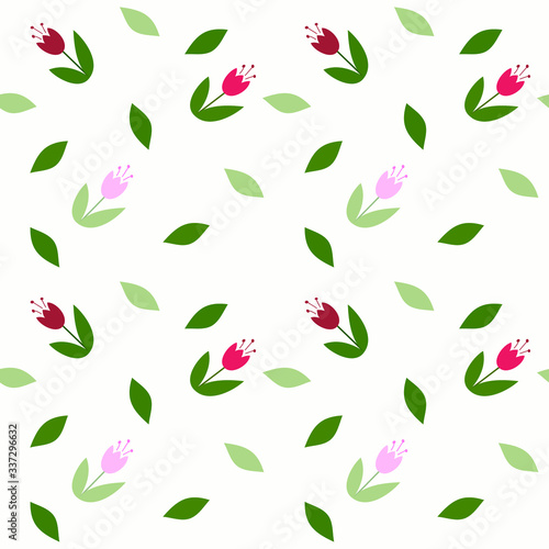 Seamless spring vector pattern with the image of stylized flowers of tulips and individual leaves on a white background in a flat style. This is great for scrapbooking or notebook covers.