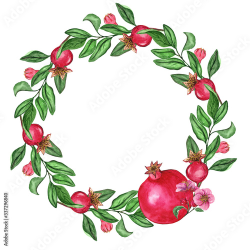 Watercolor wreath with pomegranate for wedding cards, romantic prints, fabrics, textiles and scrapbooking.