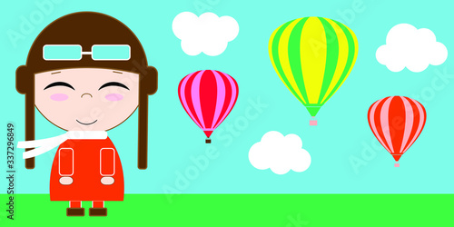 Pilot boy and balloons in the sky with clouds. Little boy dreamer of flight