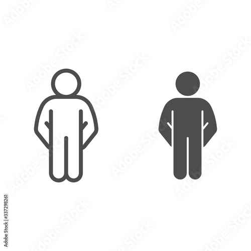 Confused human pose line and solid icon. Man with hands in pockets outline style pictogram on white background. Person stay both hand inside pocket for mobile concept and web design. Vector graphics.