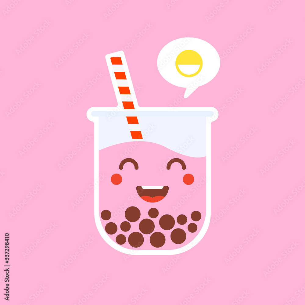 cute and kawaii Bubble tea. Milk tea with tapioca pearls. Boba tea. Asian Taiwanese drink. Hand drawn colored trendy vector illustration. Cartoon style. Flat design. All elements are isolated