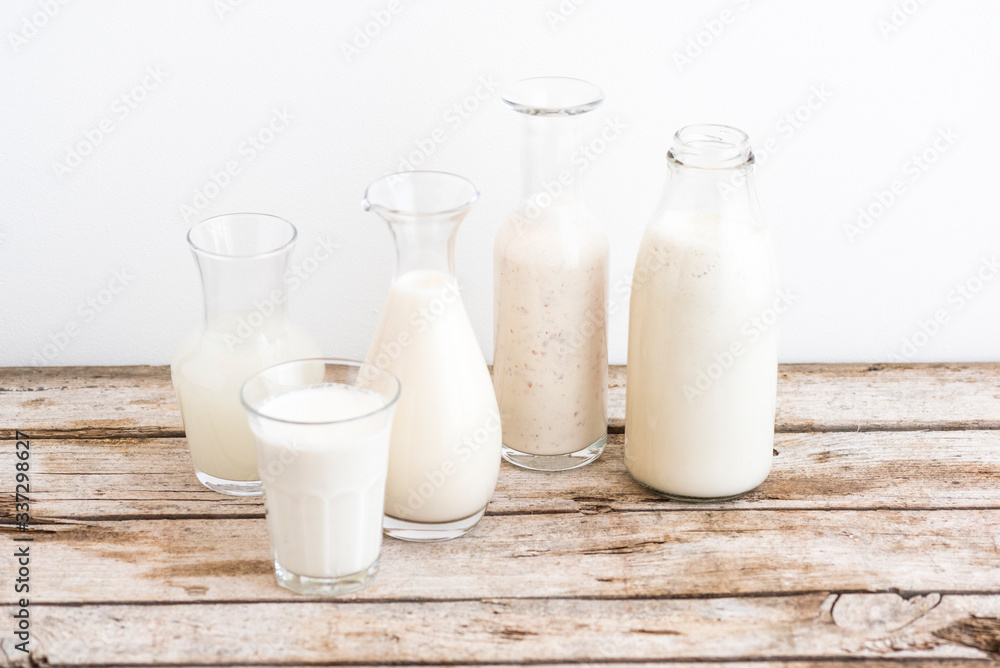 Selection of vegan plant based milks, Rice, Oat, Almond, Cashew Selection of vegan plant based milks, Rice, Oat, Almond, Cashew