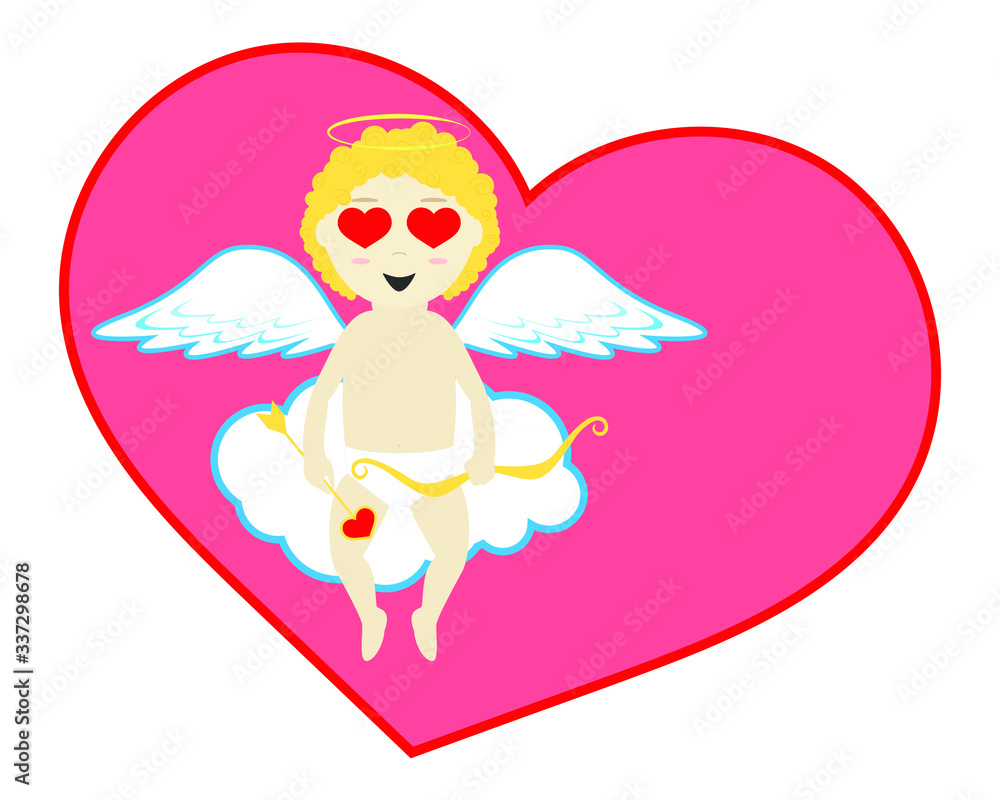 Fototapeta premium Cupid in love with bow and arrow, smiley face with heart-shaped eyes sitting on cloud on big heart. Vector stock illustration. Valentine's day card.