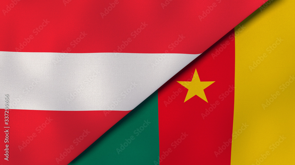 The flags of Austria and Cameroon. News, reportage, business background. 3d illustration