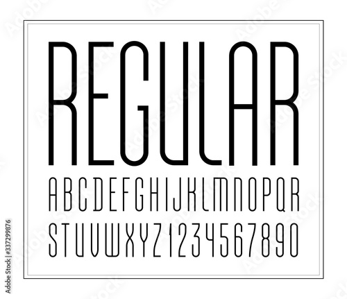 High font, condensed tall thin alphabet sans serif, trendy uppercase Latin letters from A to Z and Arab numbers from 0 to 9 for you designs, vector illustration 10EPS