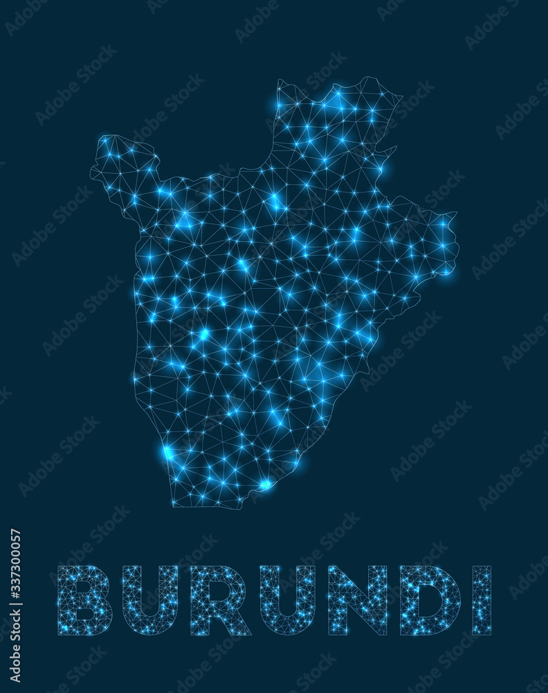 Burundi network map. Abstract geometric map of the country. Internet connections and telecommunication design. Radiant vector illustration.