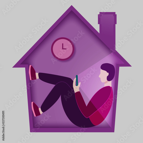 Stay home concept. Man at home with mobile phone. Vector illustration on the gray background