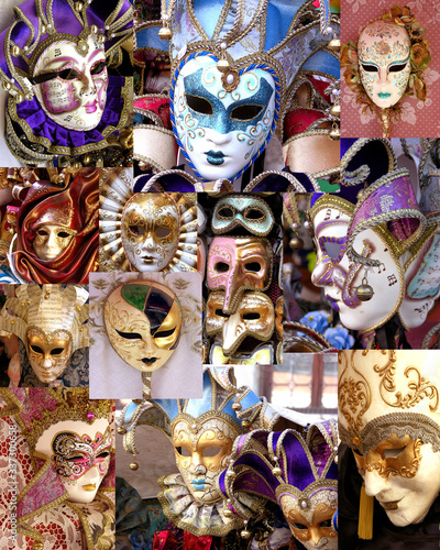 Montage of Venetian Carnival masks, Venice, Italy 