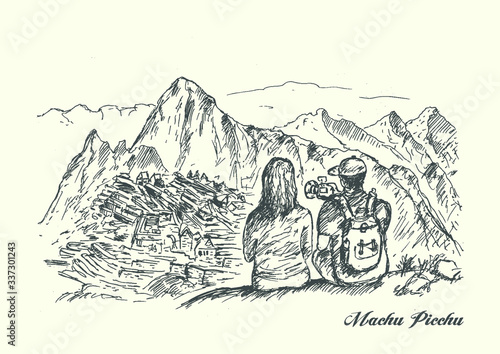 Sitting couple of young travelers taking pictures in front of fabulous Machu Picchu ancient city ruins.  Hand drawn vector illustration. 