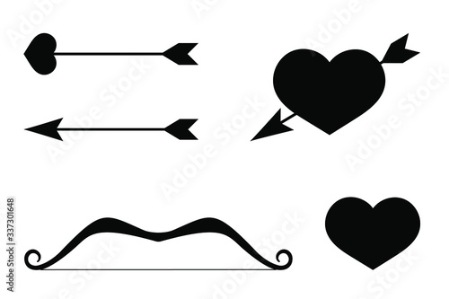 Bow and arrow: sharp tip and heart symbol. Heart with arrow icon isolated on white background. Cupid set for Valentine's day. Vector stock illustration.