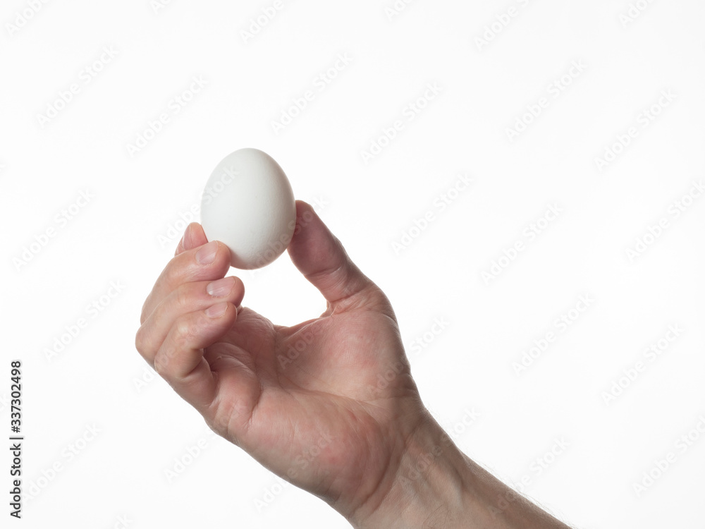 A man's hand holds a white egg in his fingers. White background. A man's hand holds a white egg in his fingers. White background.