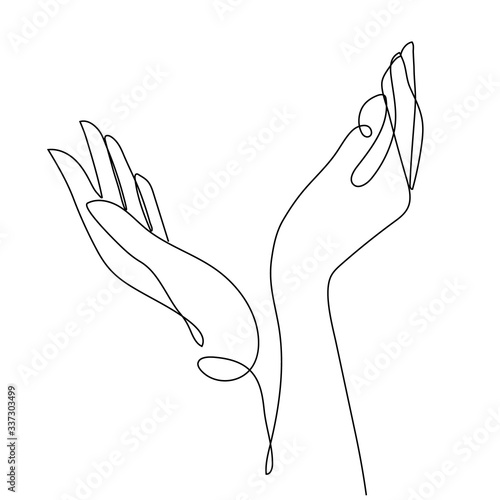 One line hand drawing. arms reaching up, an Islamic praying and a symbol of faith mosque. The concept of a religious image of a Muslim.