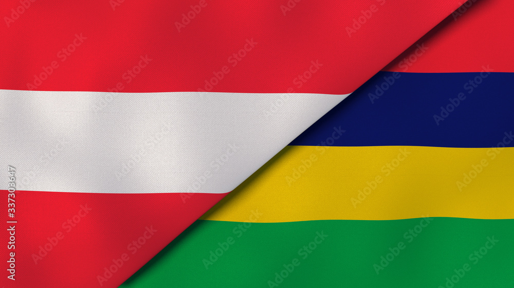 The flags of Austria and Mauritius. News, reportage, business background. 3d illustration