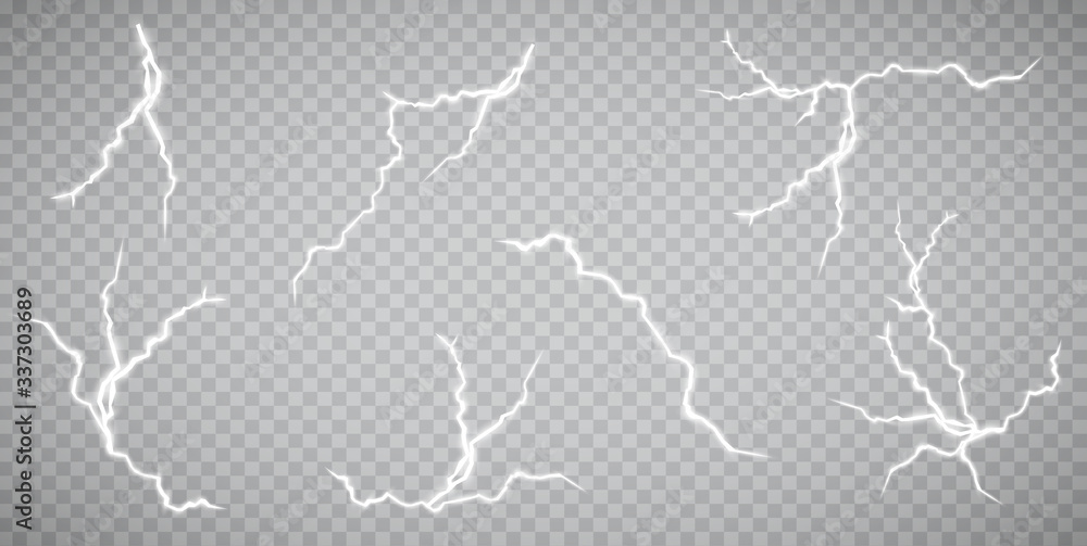 Set of lightnings. Thunder-storm and lightnings. Magic and bright lighting effects. Vector Illustration