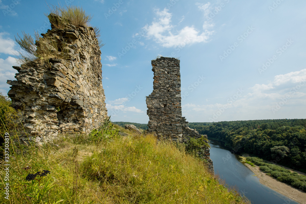 Ruins of Gubkiv (Hubkiv) castle on a Sluch river hills in summer near Gubkiv village, Rivne region, Ukraine