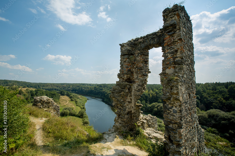 Ruins of Gubkiv (Hubkiv) castle on a Sluch river hills in summer near Gubkiv village, Rivne region, Ukraine