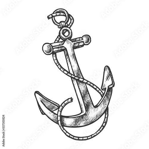 Sketch of vintage anchor with rope. Anchorage