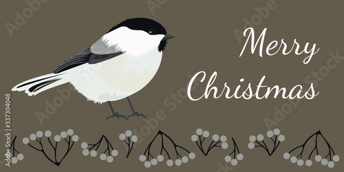 Christmas card with a tit chickadee and text. Vector stock illustration.