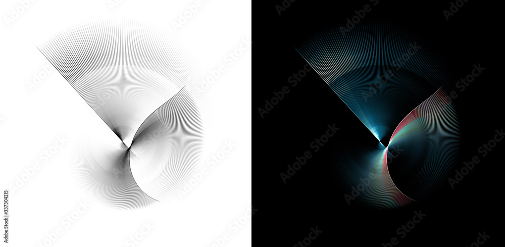 Obraz premium Abstract rotation mechanism with blades of different shapes and sizes. Engines on a white and black background. Images for the emblem. A fractal generated on a computer. 3D