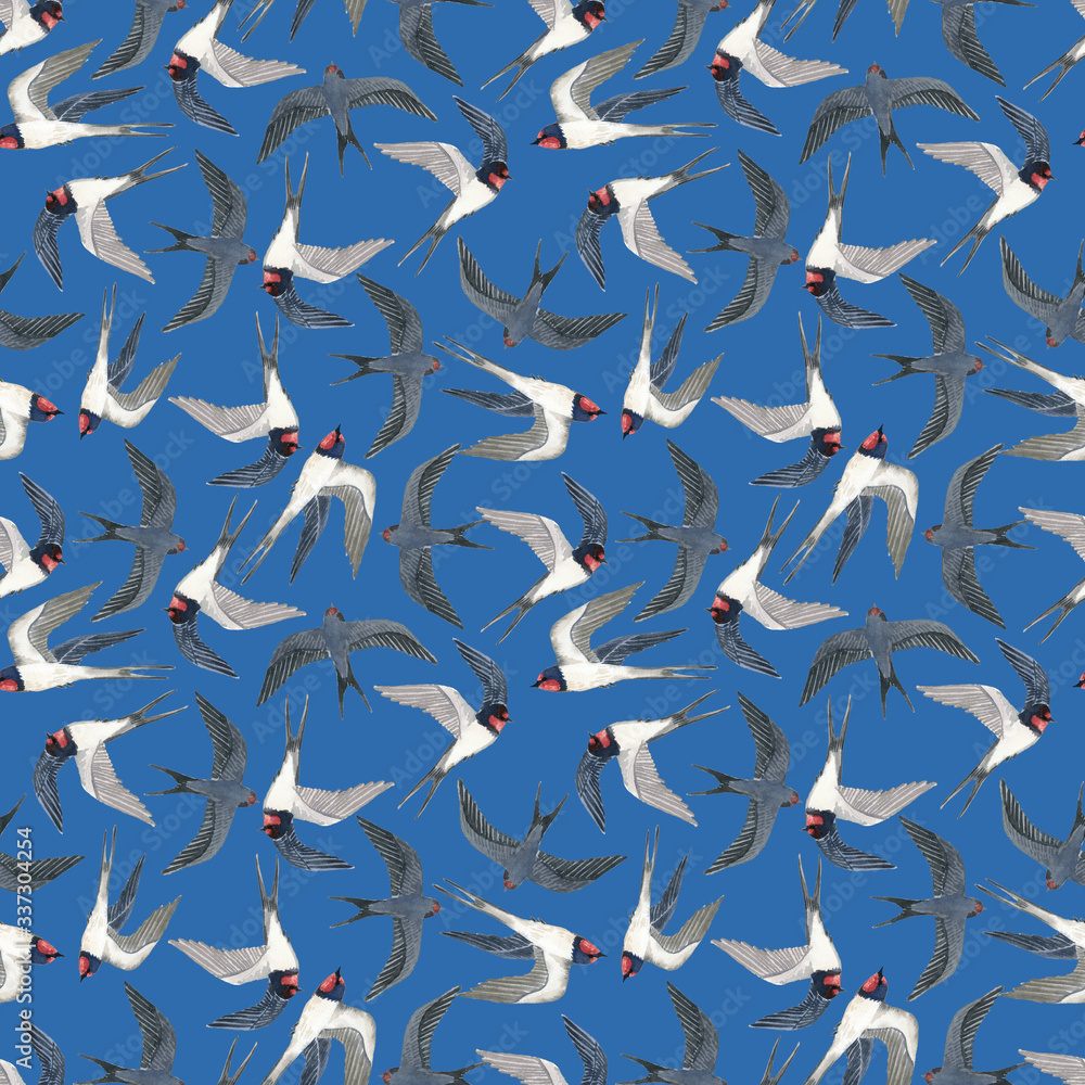 Watercolor pattern with cute swallows. On a dark background. Watercolor pattern with cute swallows. On a dark background.