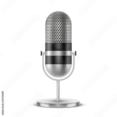 Retro microphone of silver metal, 3d realistic
