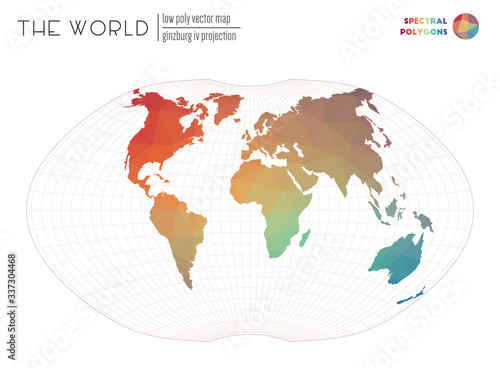 Polygonal map of the world. Ginzburg IV projection of the world. Spectral colored polygons. Creative vector illustration.