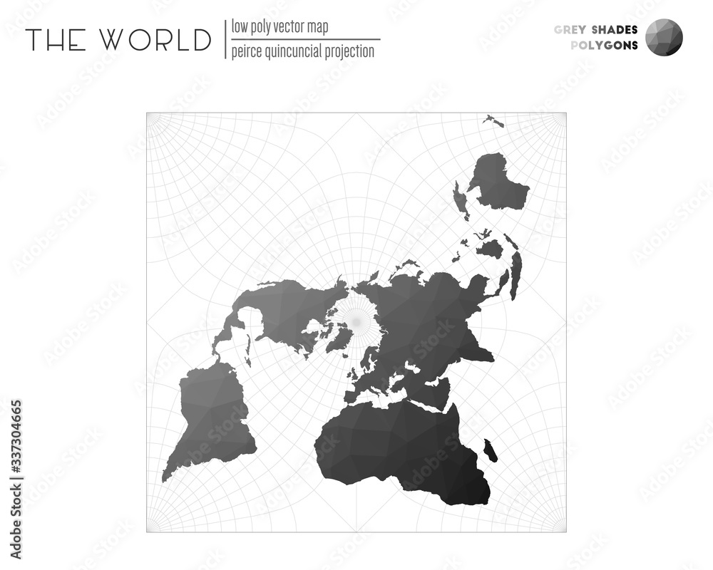 Abstract geometric world map. Peirce quincuncial projection of the world. Grey Shades colored polygons. Contemporary vector illustration.